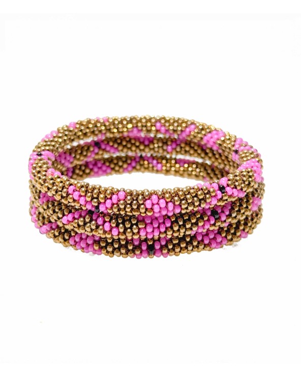 Bracelet népalais - doré foncé - brillant - métallisé - coloré - rose - perles - tissé à la main - été - doré