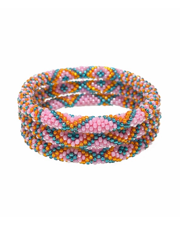 Bracelet népalais - rose - coloré - orange - bleu - perles - tissé à la main - été - doré