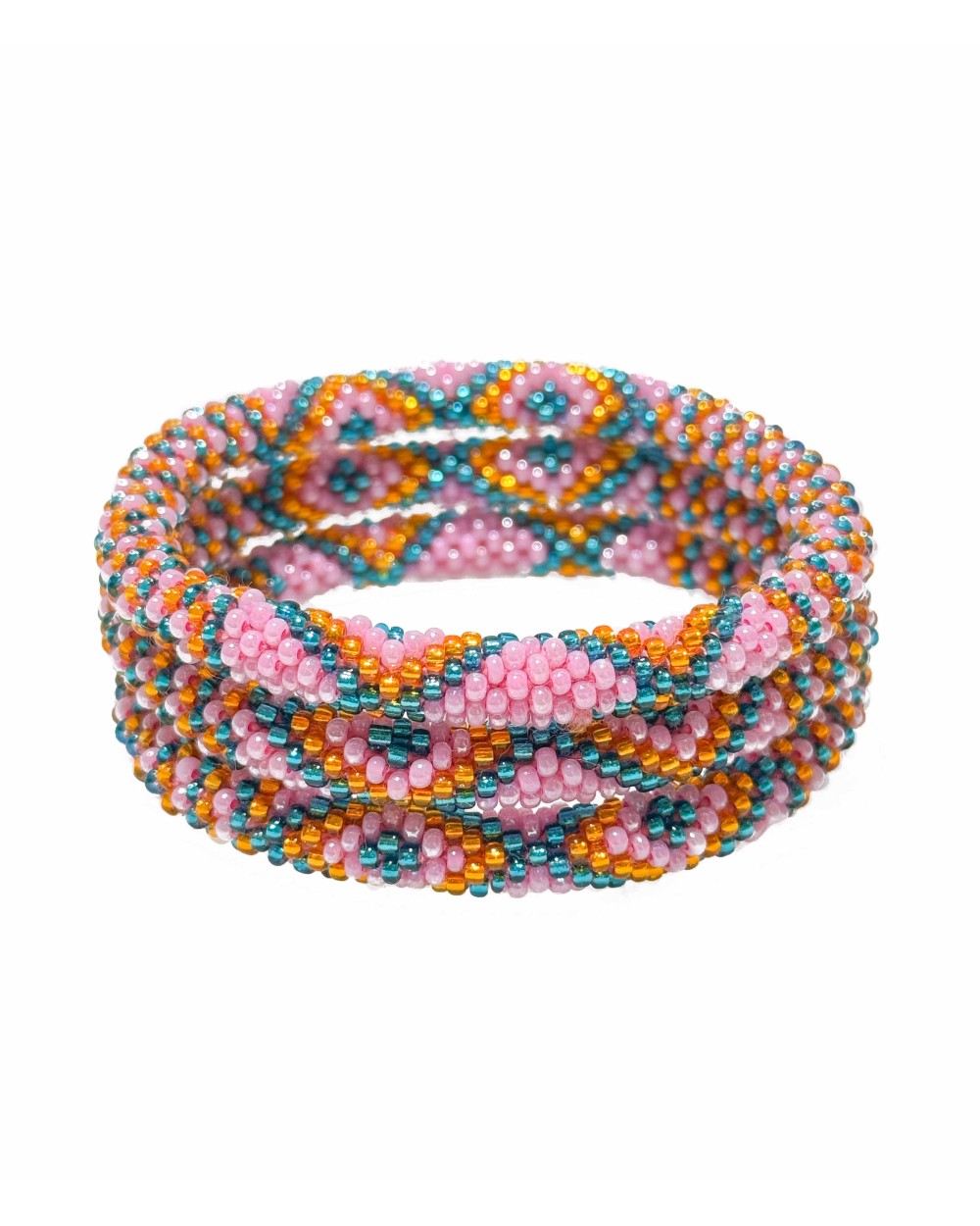 Bracelet népalais - rose - coloré - orange - bleu - perles - tissé à la main - été - doré