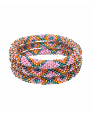Bracelet népalais - rose - coloré - orange - bleu - perles - tissé à la main - été - doré