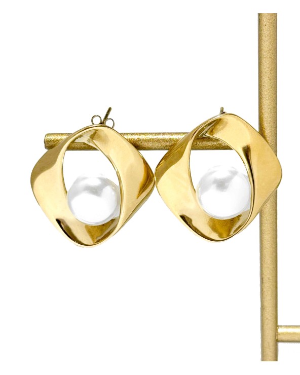 boucles d'oreilles - design - déformé - arrondies - perle - doré - acier inoxydable - rouille pas