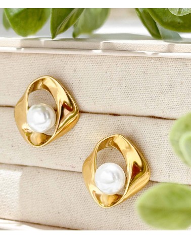boucles d'oreilles - design - déformé - arrondies - perle - doré - acier inoxydable - rouille pas