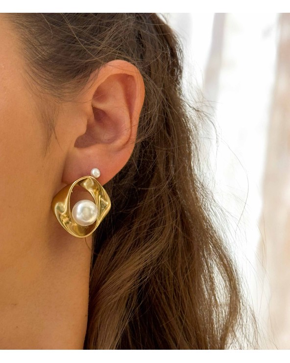 boucles d'oreilles - design - déformé - arrondies - perle - doré - acier inoxydable - rouille pas