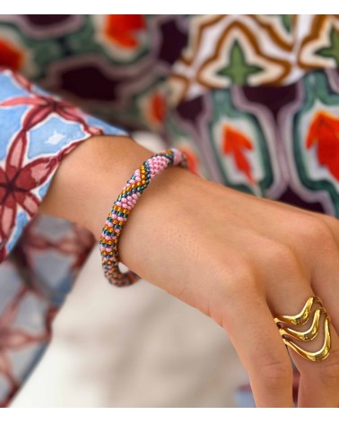 Bracelet népalais - rose - coloré - orange - bleu - perles - tissé à la main - été - doré