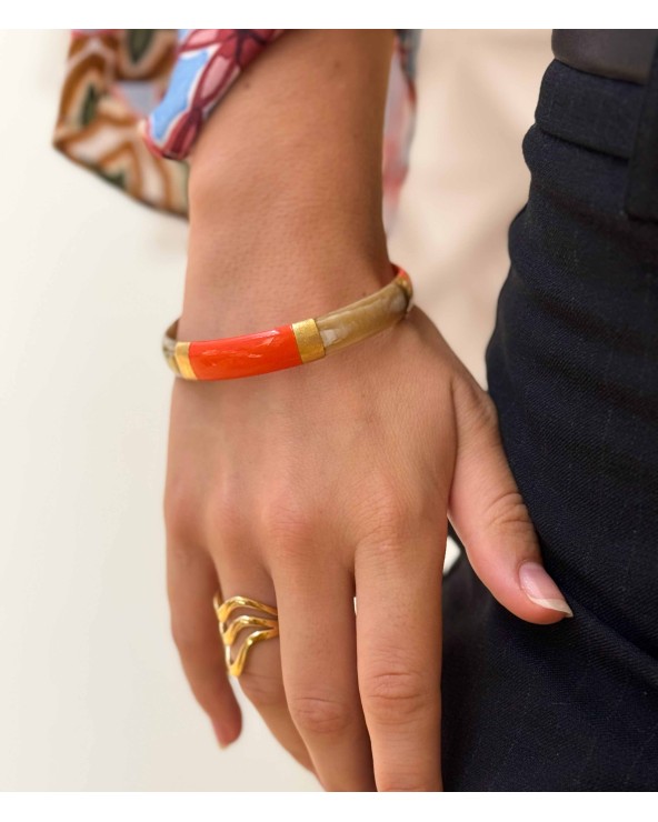 bracelet corne véritable - orange vif - large - doré - manchette - tendance - été - unique - coloré