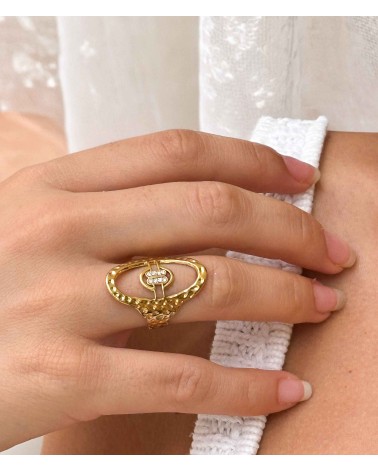 bague - martelée - ovale - acier inoxydable - doré - strass - rouille pas - paloma bijoux