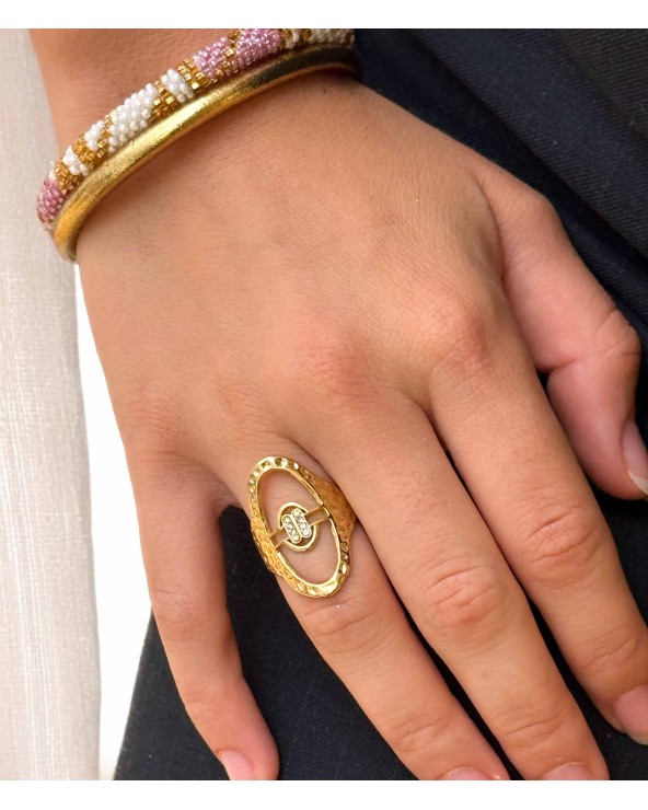 bague - martelée - ovale - acier inoxydable - doré - strass - rouille pas - paloma bijoux