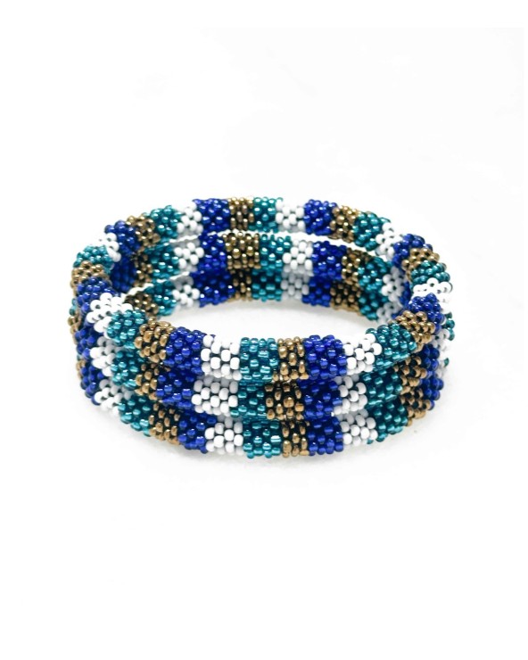 Bracelet népalais - duo de bleu - coloré - doré - blanc - perles - tissé à la main - été