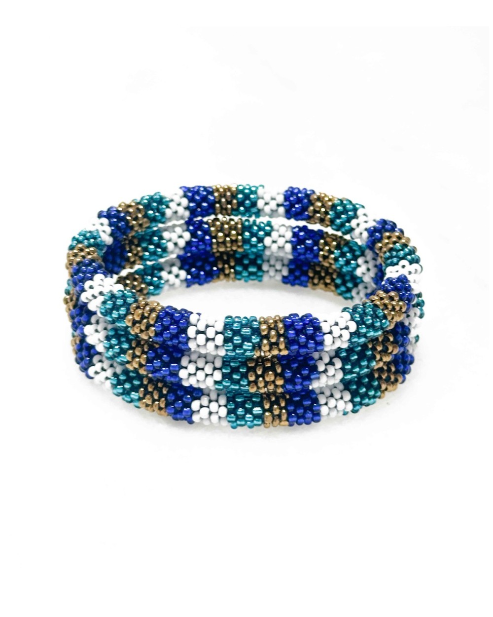 Bracelet népalais - duo de bleu - coloré - doré - blanc - perles - tissé à la main - été