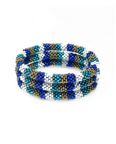 Bracelet népalais - duo de bleu - coloré - doré - blanc - perles - tissé à la main - été