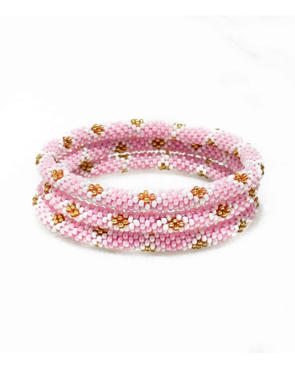 Bracelet népalais - rose - coloré - blanc - doré - perles - tissé à la main - été