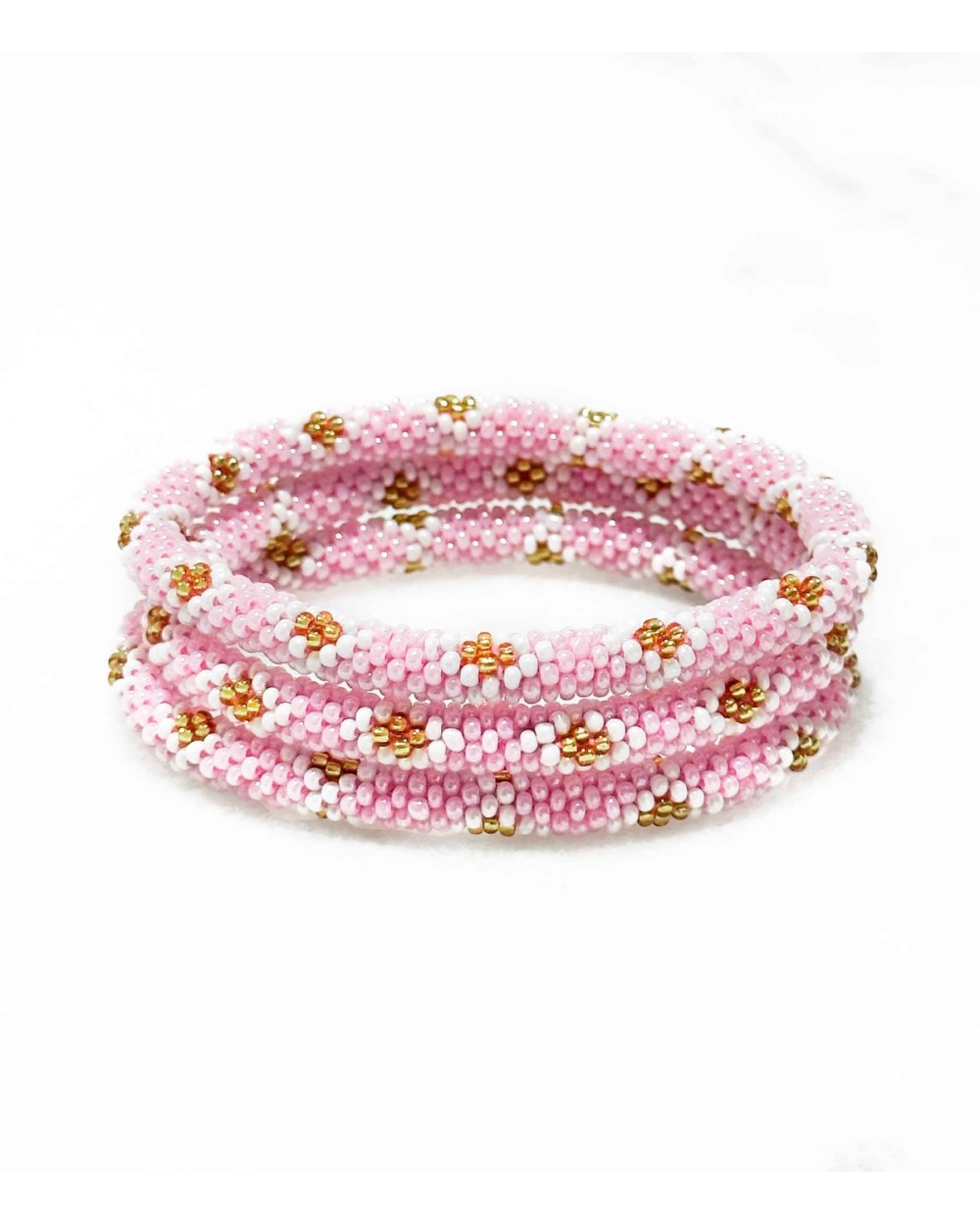 Bracelet népalais - rose - coloré - blanc - doré - perles - tissé à la main - été