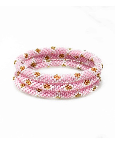 Bracelet népalais - rose - coloré - blanc - doré - perles - tissé à la main - été