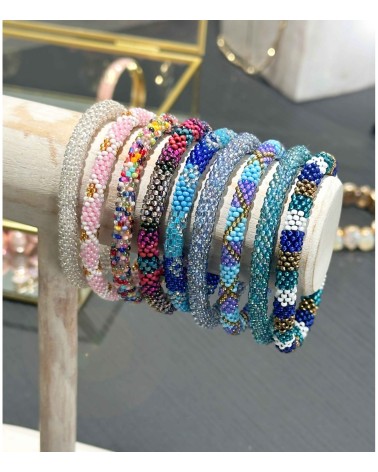 Bracelet népalais - bleu clair - coloré - violet - doré - perles - tissé à la main - été