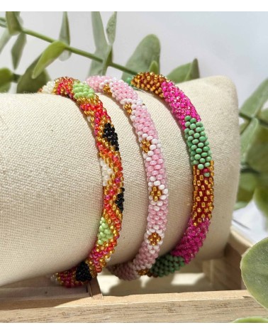 Bracelet népalais - noir - coloré - rouge - vert - doré - perles - tissé à la main - été