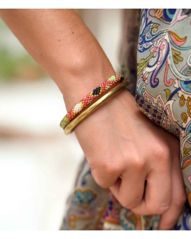 Bracelet népalais - noir - coloré - rouge - vert - doré - perles - tissé à la main - été