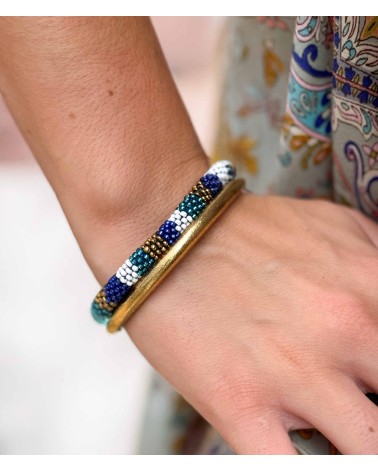 Bracelet népalais - duo de bleu - coloré - doré - blanc - perles - tissé à la main - été