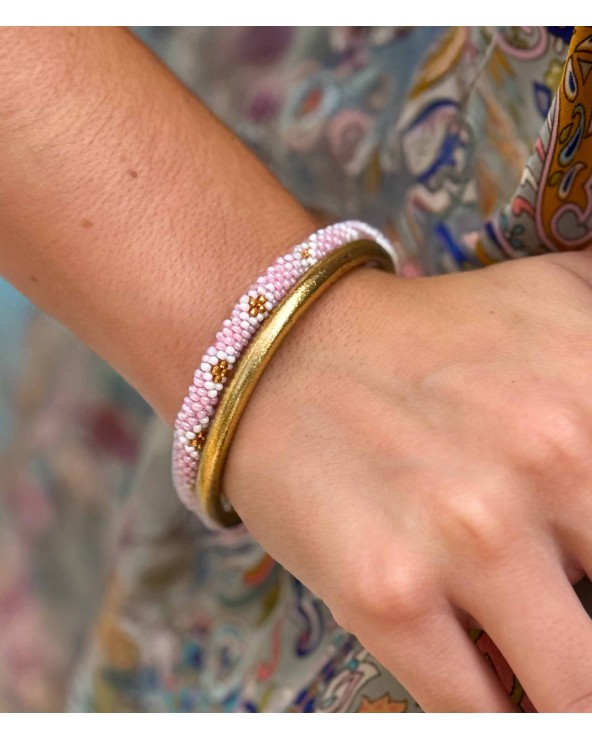 Bracelet népalais - rose - coloré - blanc - doré - perles - tissé à la main - été