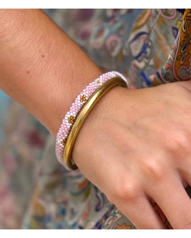 Bracelet népalais - rose - coloré - blanc - doré - perles - tissé à la main - été