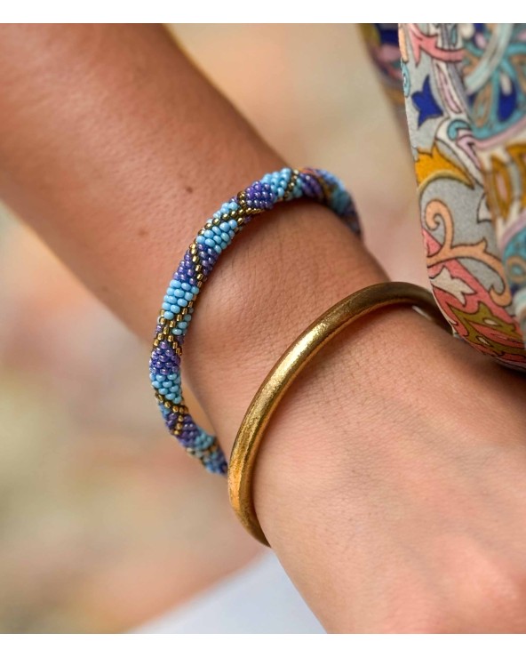 Bracelet népalais - bleu clair - coloré - violet - doré - perles - tissé à la main - été