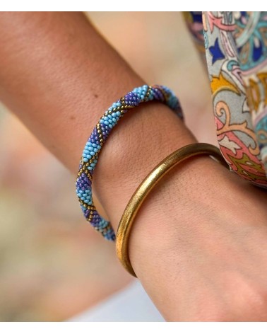 Bracelet népalais - bleu clair - coloré - violet - doré - perles - tissé à la main - été