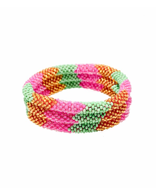 Bracelet népalais - rose - coloré - vert - doré - perles - tissé à la main - été