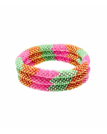 Bracelet népalais - rose - coloré - vert - doré - perles - tissé à la main - été