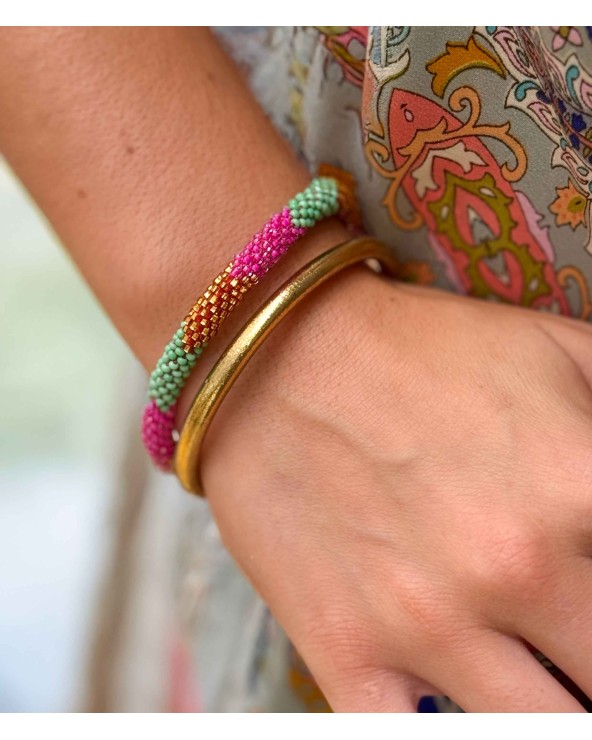 Bracelet népalais - rose - coloré - vert - doré - perles - tissé à la main - été