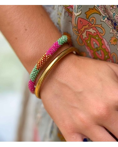 Bracelet népalais - rose - coloré - vert - doré - perles - tissé à la main - été