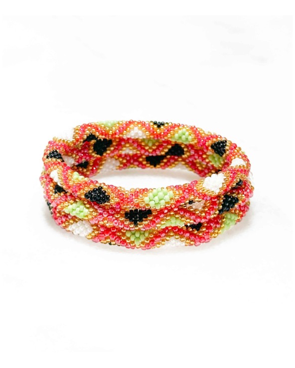 Bracelet népalais - noir - coloré - rouge - vert - doré - perles - tissé à la main - été