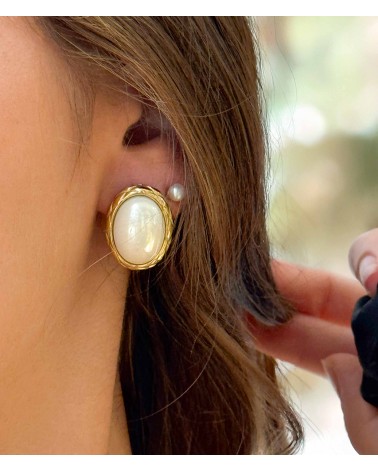 Boucles d'oreilles - acier inoxydable - doré - perle - nacre - ovale - ne rouille pas - paloma bijoux