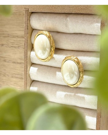 Boucles d'oreilles - acier inoxydable - doré - perle - nacre - ovale - ne rouille pas - paloma bijoux