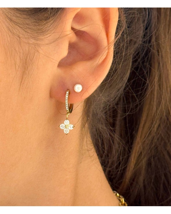 Boucles d'oreilles - mini créoles - doré - strass - fleur - palma bijoux - pampille - acier inoxydable