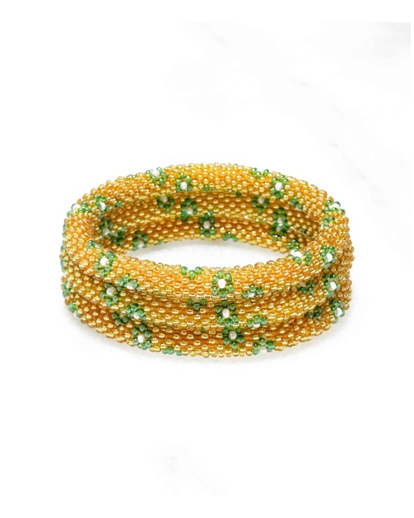 Bracelet népalais - doré - coloré - vert - fleur - perles - tissé à la main - été