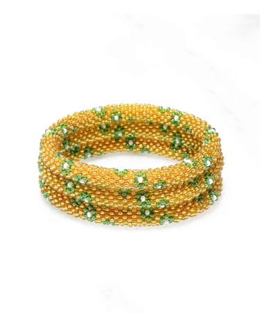 Bracelet népalais - doré - coloré - vert - fleur - perles - tissé à la main - été