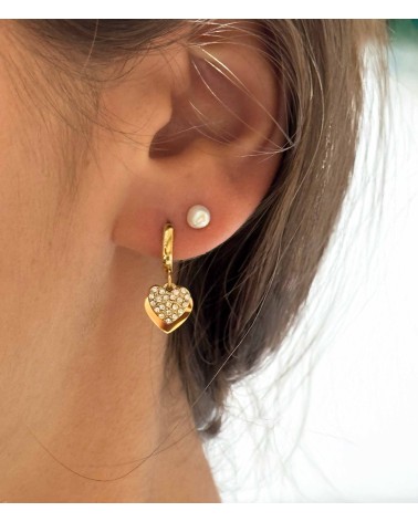 Boucles d'oreilles - mini créoles - doré - strass - coeur - paloma bijoux - pampille - acier inoxydable