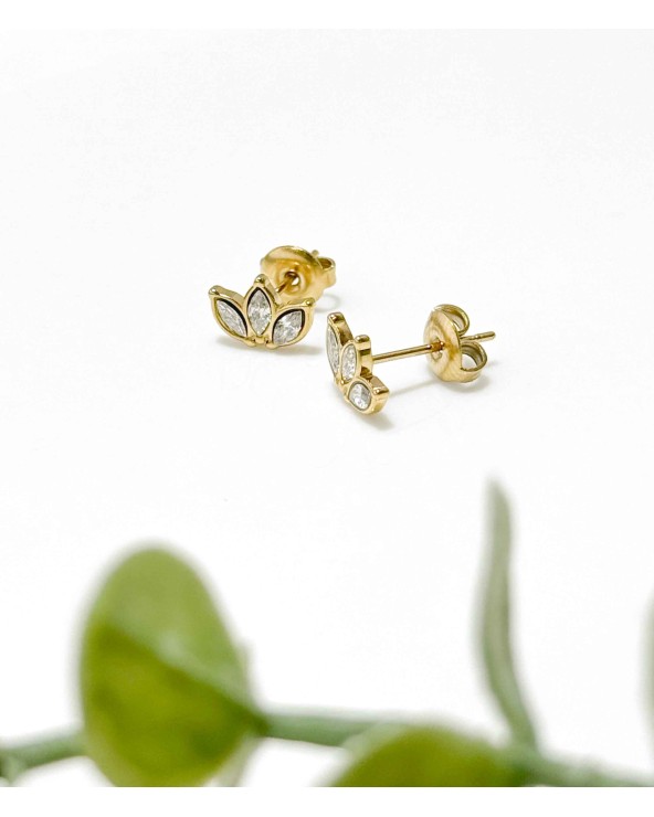 Boucles d'oreilles - puces d'oreilles- doré - strass - fleur - lotus - paloma bijoux - pampille - acier inoxydable
