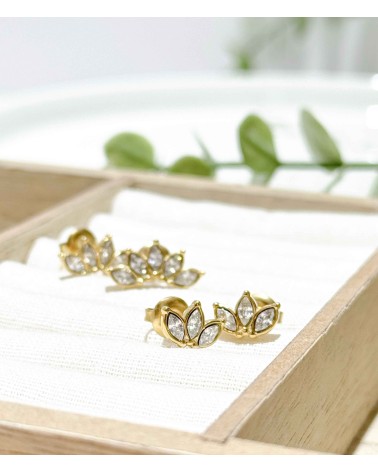 Boucles d'oreilles - puces d'oreilles- doré - strass - fleur - lotus - paloma bijoux - pampille - acier inoxydable