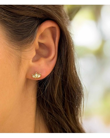 Boucles d'oreilles - puces d'oreilles- doré - strass - fleur - lotus - paloma bijoux - pampille - acier inoxydable