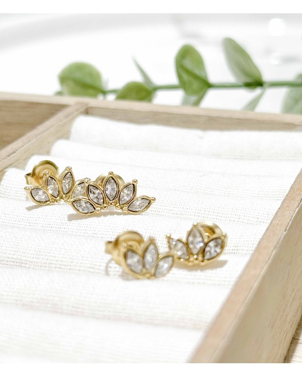 Boucles d'oreilles - puces d'oreilles- doré - strass - fleur - lotus - paloma bijoux - pampille - acier inoxydable