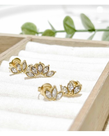 Boucles d'oreilles - puces d'oreilles- doré - strass - fleur - lotus - paloma bijoux - pampille - acier inoxydable